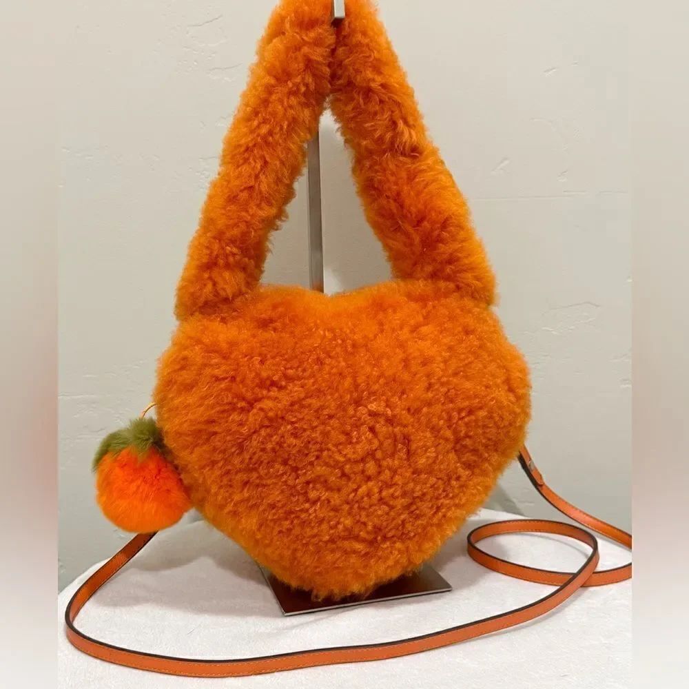 Stunning Orange Multi Use Bag & Premium Shearling Leather Heart Shaped Crossbody